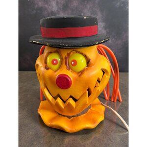 Vintage Light-Up Halloween Pumpkin Clown Head Decoration With Hat & Orange Hair